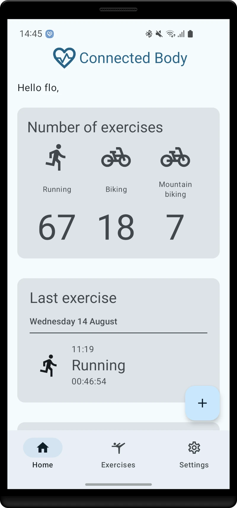 Connected Body home screen, it starts by saying Hi to the user, then there is his number of running, biking and Mountain biking, then there is the user last exercise, it is a running that lasted 46min 54s the 14th of August