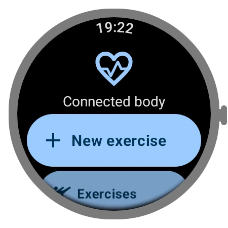 Connected Body home screen for the wear os application, you can see that you can start an exercise and consult check yours